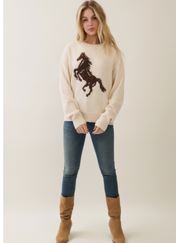 Horse Pattern Sweater - cream, full length front view