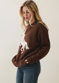 Horse Pattern Sweater - brown with cream horse graphic, full length front view