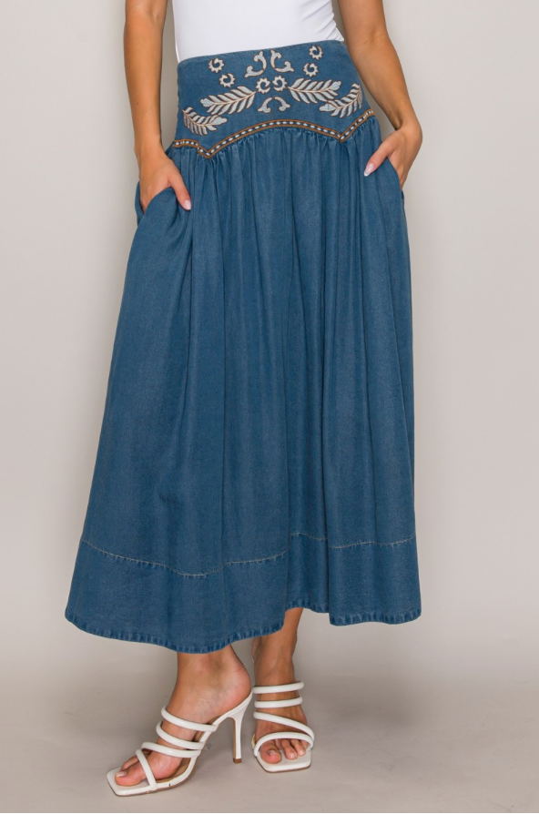 Waist Embroidery Detail Skirt - indigo denim, side view full length