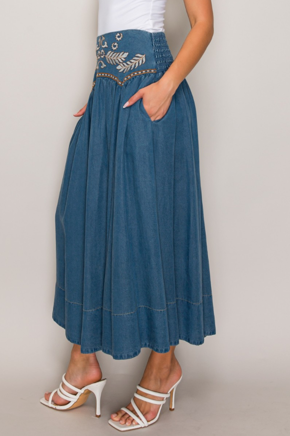 Waist Embroidery Detail Skirt - indigo denim, side pocket detail close up