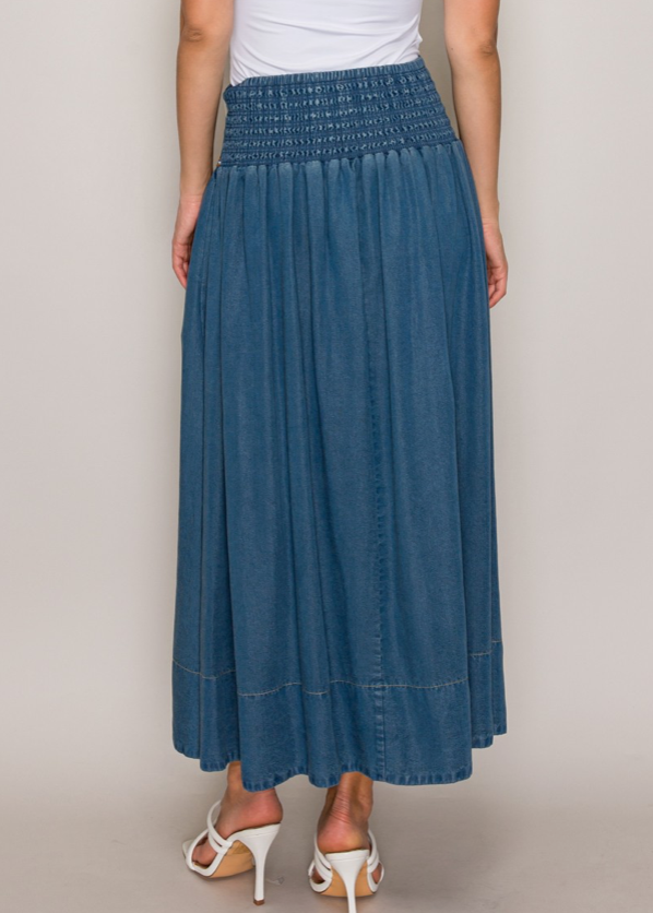 Waist Embroidery Detail Skirt - indigo denim, embroidery waistband front close up