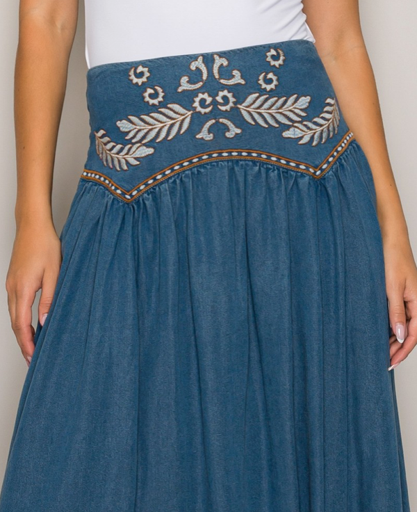 Waist Embroidery Detail Skirt - indigo denim, back view smocked waistband