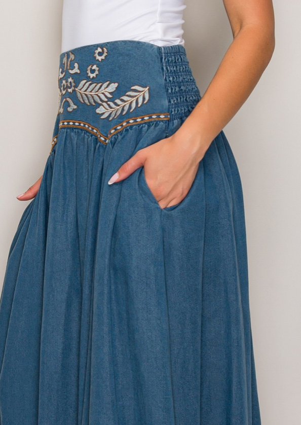 Waist Embroidery Detail Skirt - indigo denim, side view with pockets