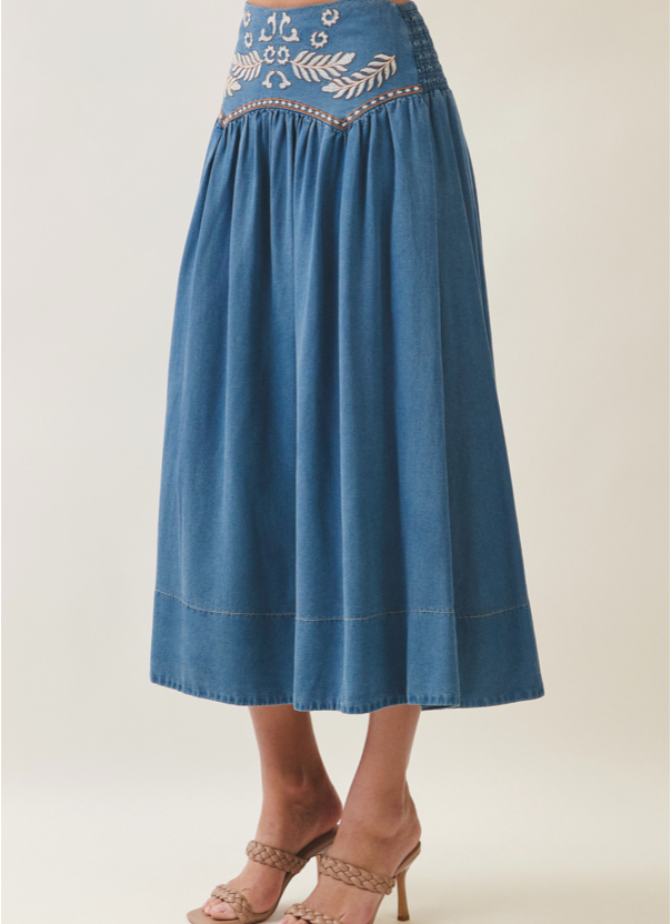 Waist Embroidery Detail Skirt - indigo denim, front view full length both hands in pockets
