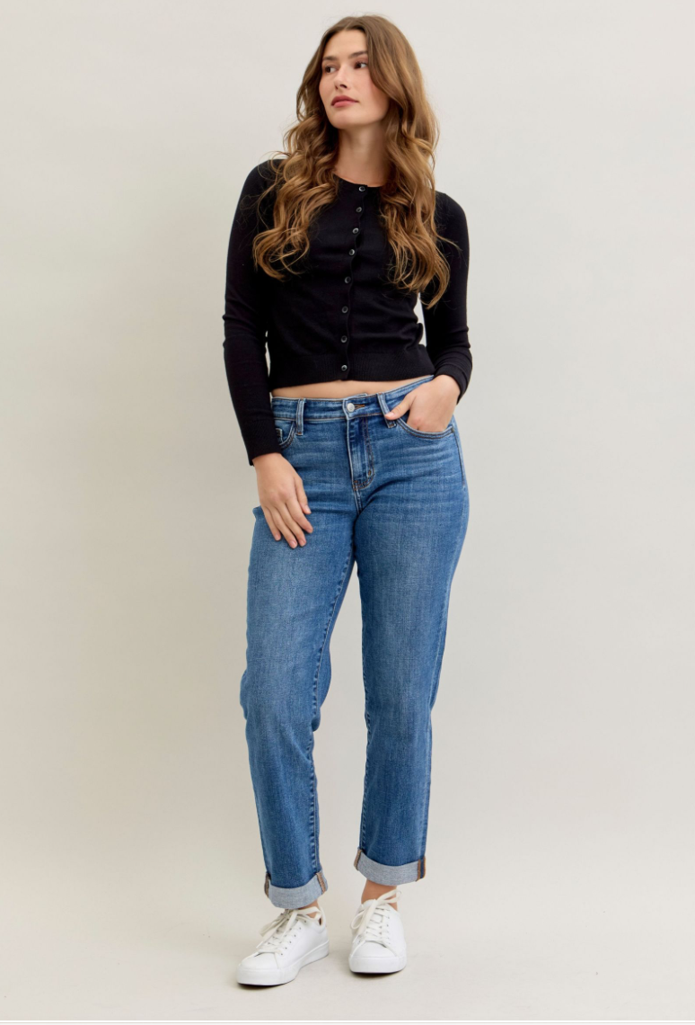 Judy Blue Boyfriend Classic Cuffed Jeans - front cropped view