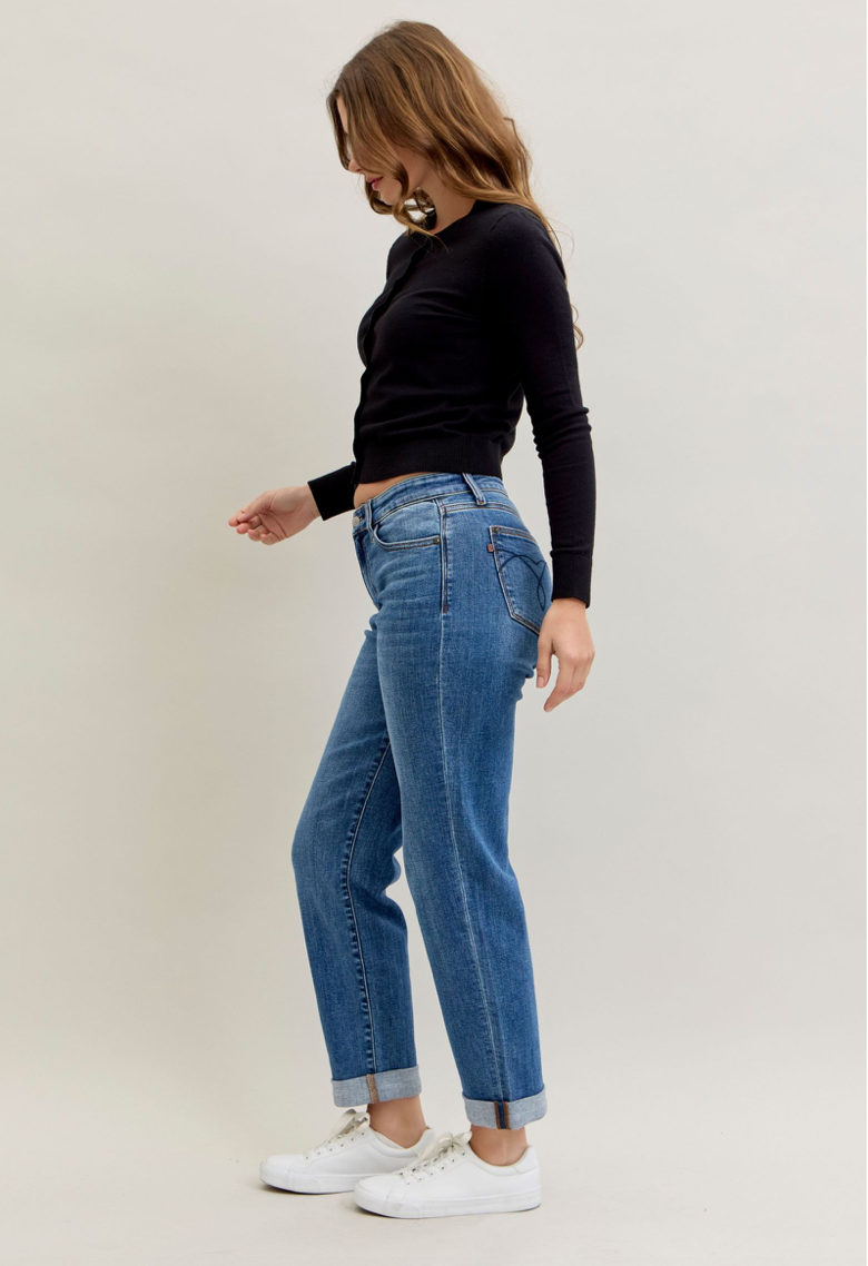 Judy Blue Boyfriend Classic Cuffed Jeans - full front on model