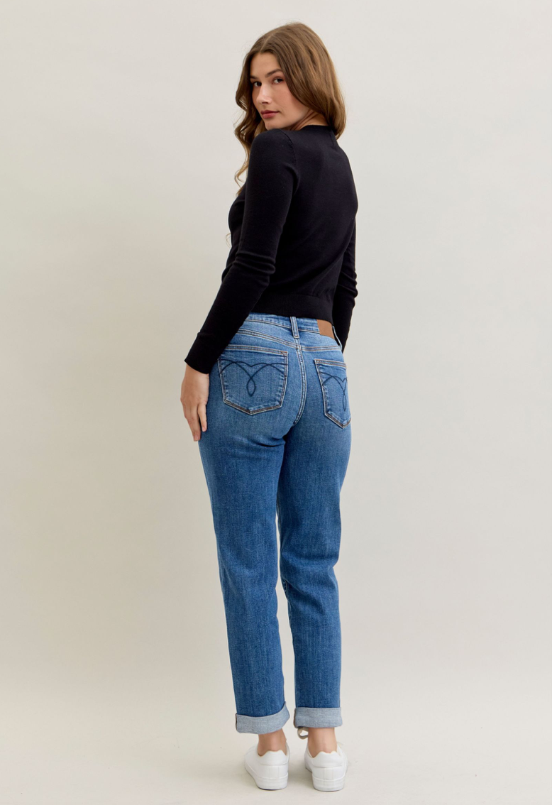 Judy Blue Boyfriend Classic Cuffed Jeans - angled side view