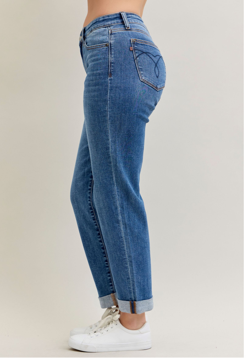 Judy Blue Boyfriend Classic Cuffed Jeans - back view on model