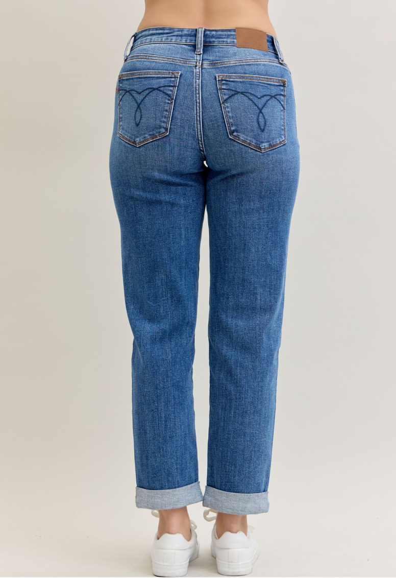 Judy Blue Boyfriend Classic Cuffed Jeans - front view