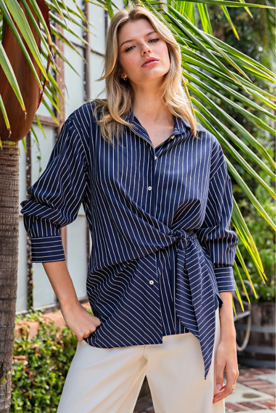 Navy Tie Waist Pinstriped Blouse - lifestyle