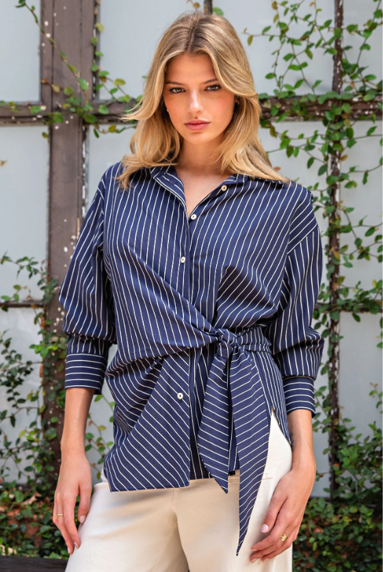 Navy Tie Waist Pinstriped Blouse - outdoor
