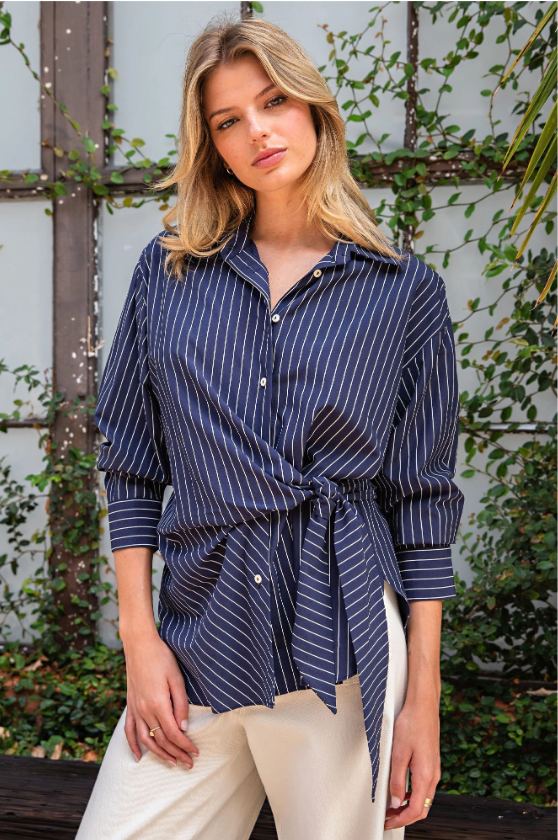 Navy Tie Waist Pinstriped Blouse - full look