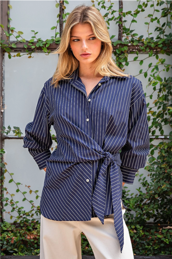 Navy Tie Waist Pinstriped Blouse - detail view