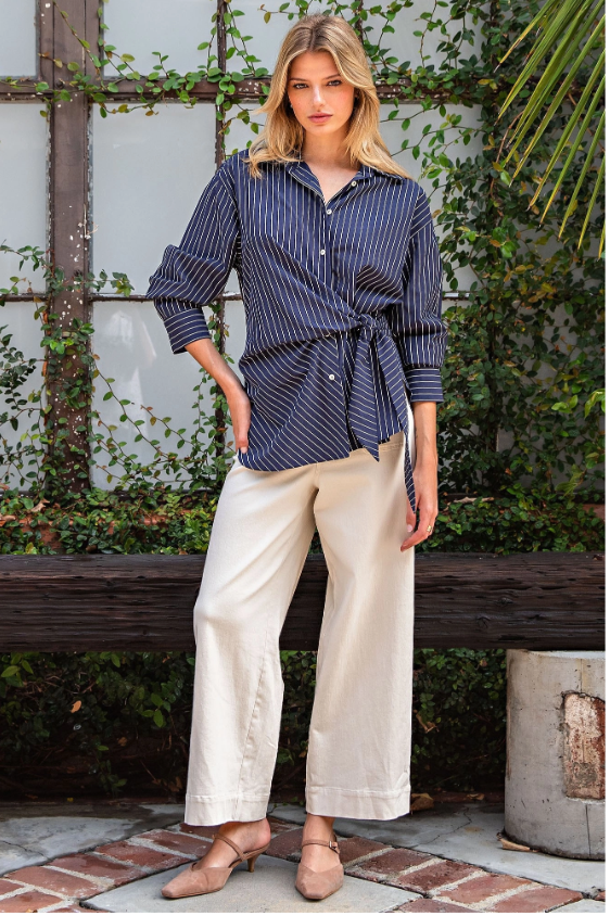 Navy Tie Waist Pinstriped Blouse - front view