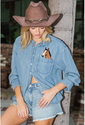 Horse Embroidered Denim Button Down Shirt - front open