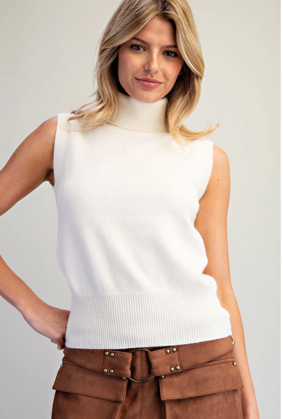 Turtleneck Sleeveless Knit Top Off White - front editorial