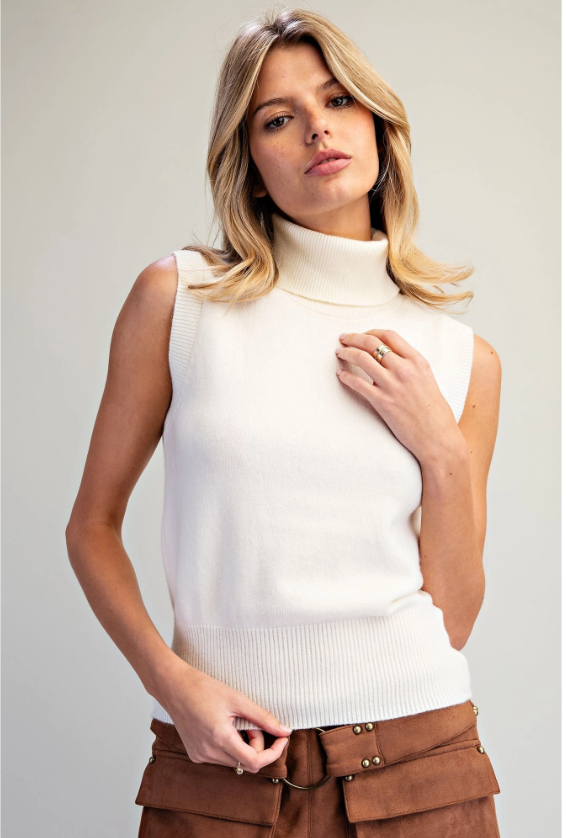 Turtleneck Sleeveless Knit Top Off White - front smiling