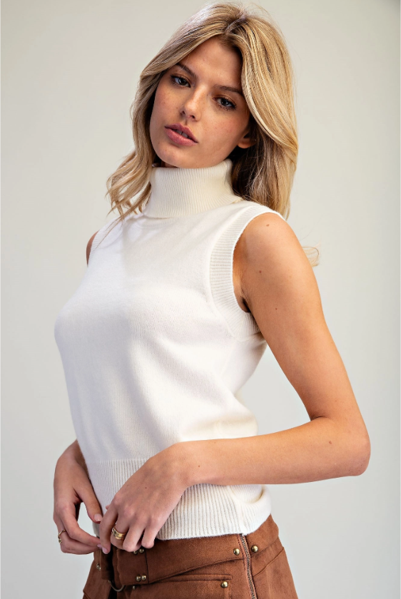 Turtleneck Sleeveless Knit Top Off White - front close up
