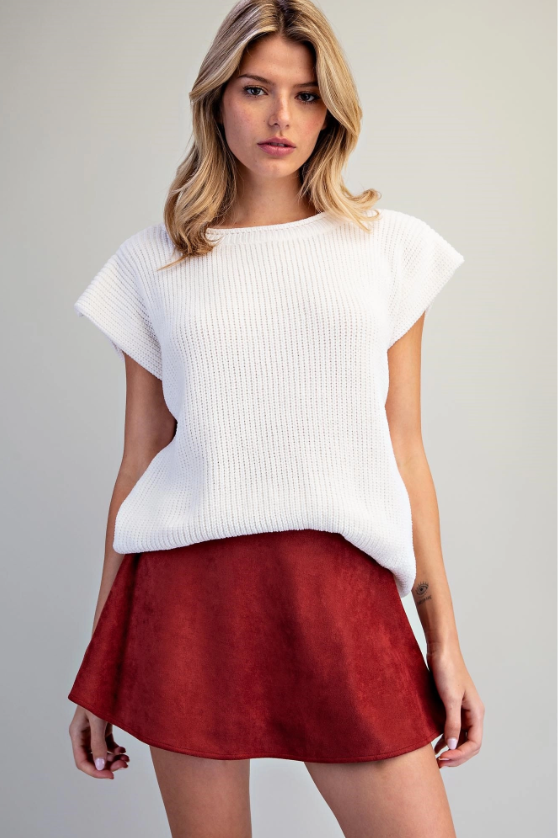 Suede Flared Mini Skirt Brick Red - front editorial with knit top