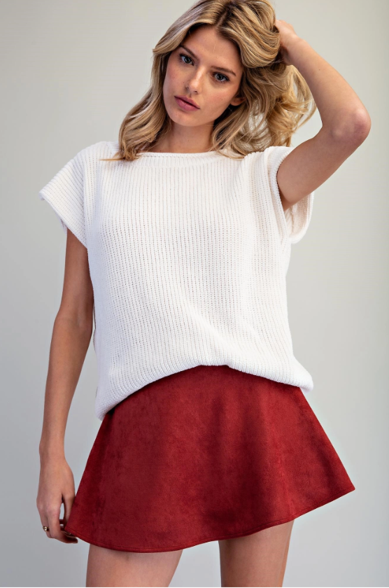 Suede Flared Mini Skirt Brick Red - front close up with knit top