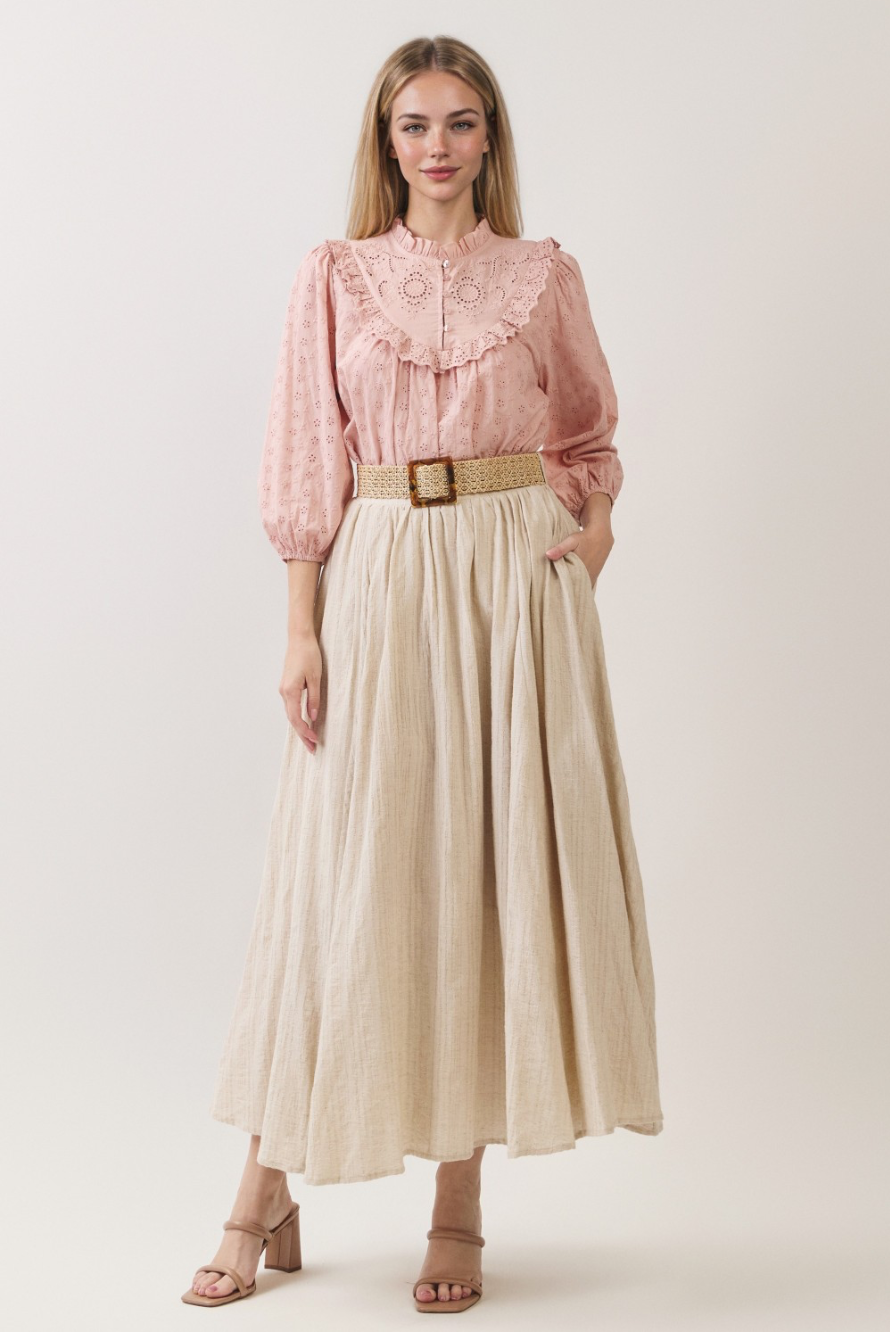 Oatmeal Pleated Maxi Skirt - full outfit front view smiling