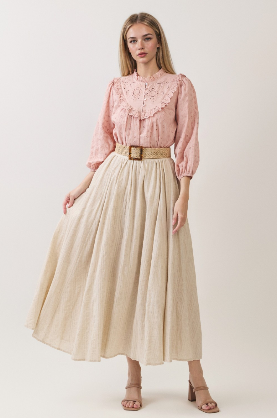 Oatmeal Pleated Maxi Skirt - full outfit front view