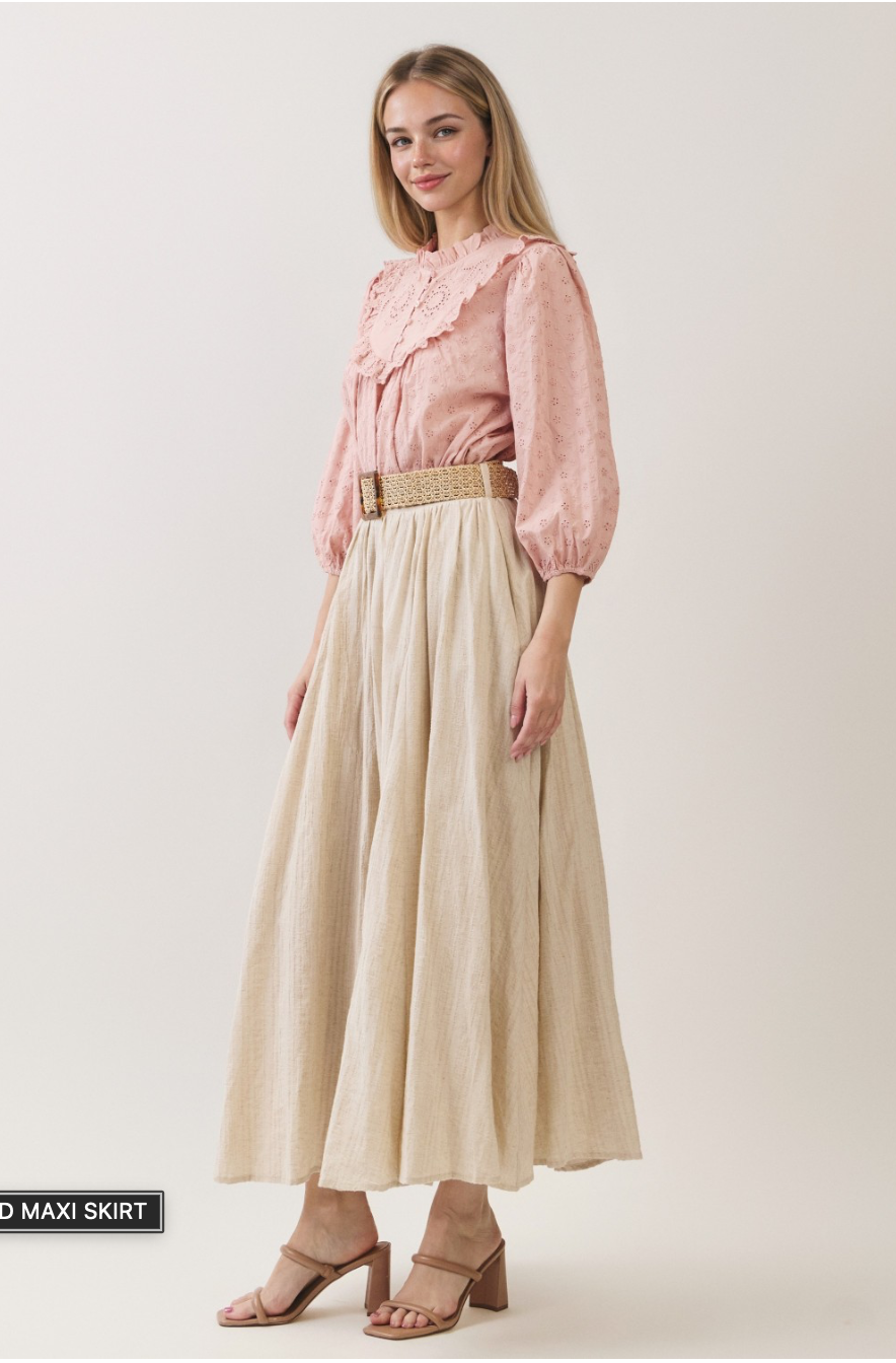 Oatmeal Pleated Maxi Skirt - full outfit side view