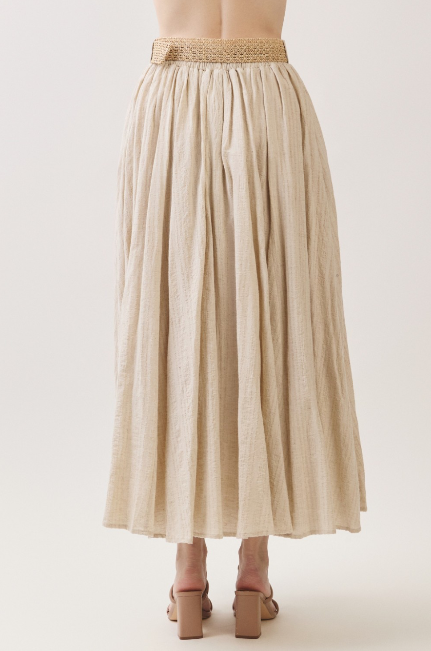 Oatmeal Pleated Maxi Skirt - back view styled with pink top