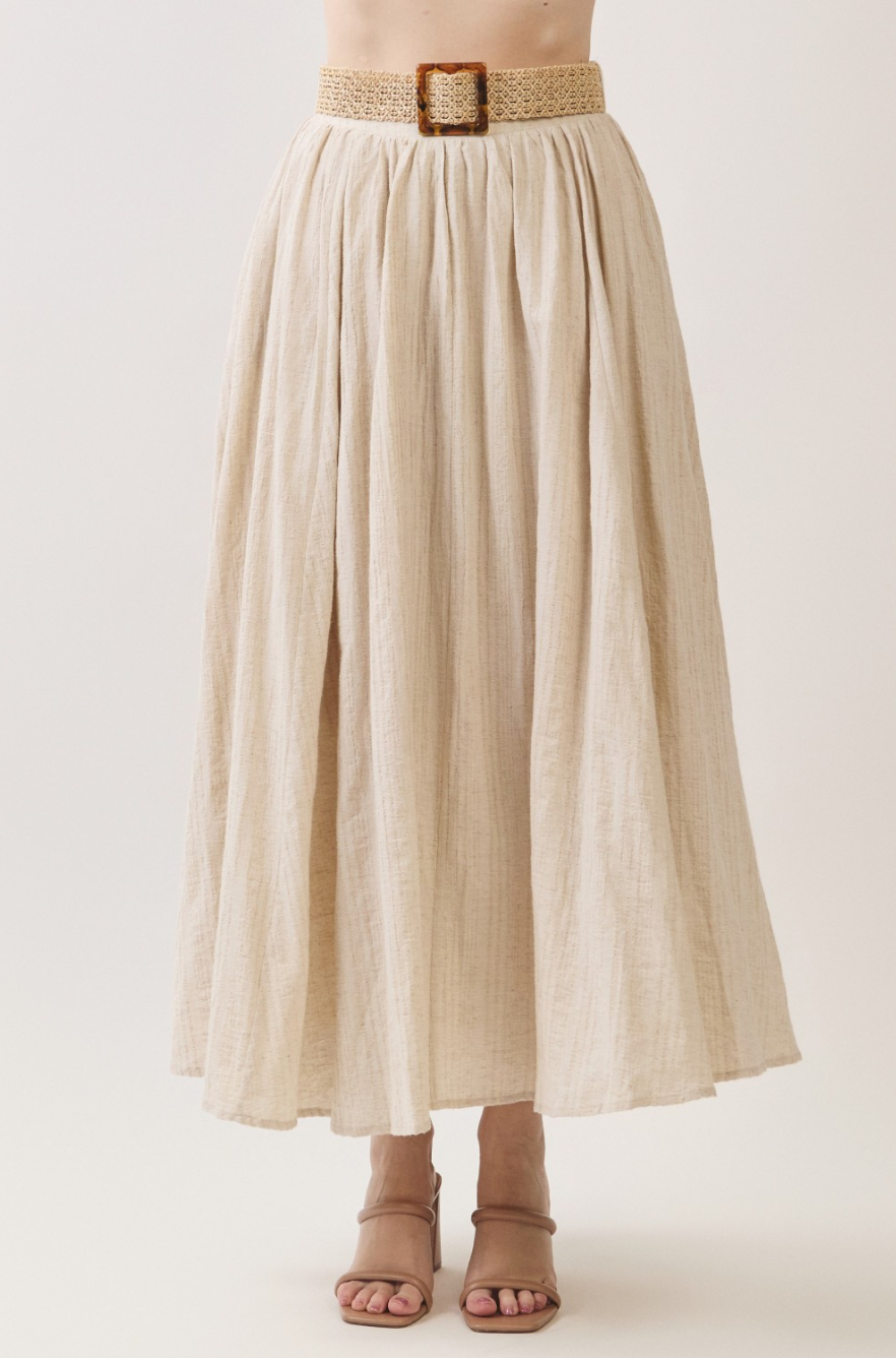 Oatmeal Pleated Maxi Skirt - front view with belt