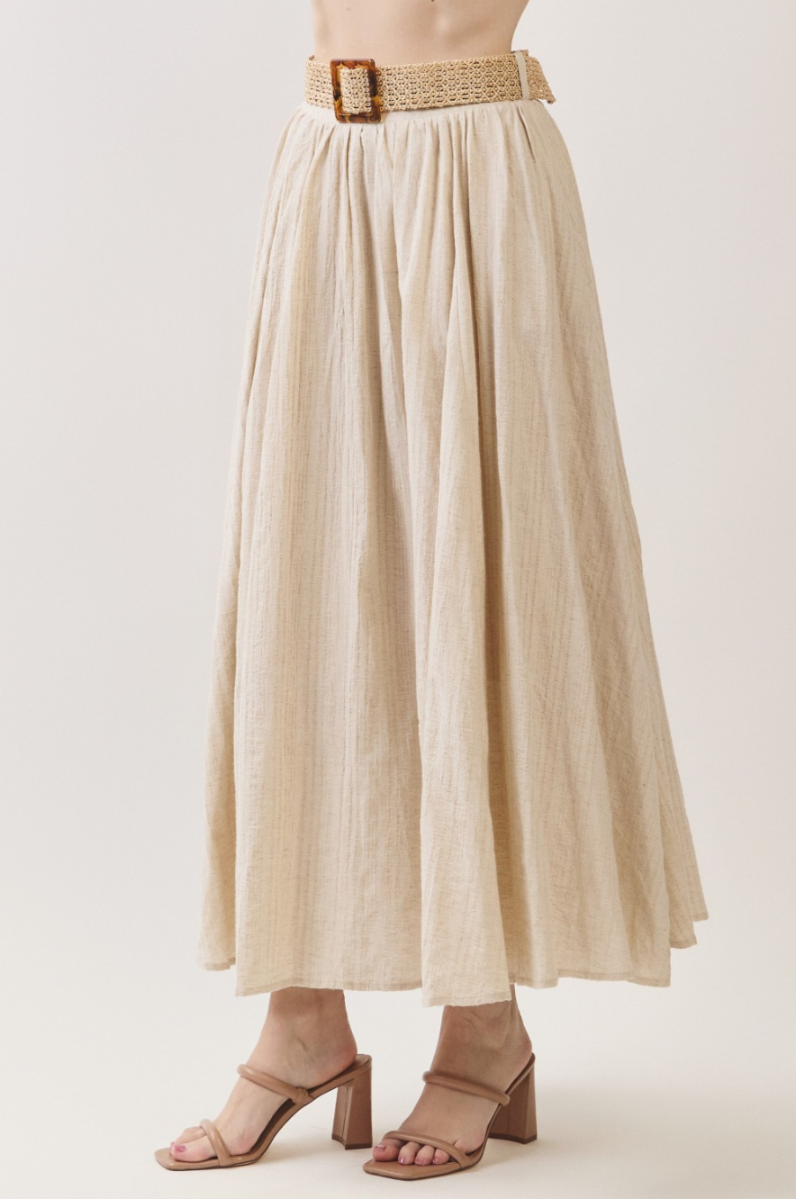Oatmeal Pleated Maxi Skirt - side view with belt