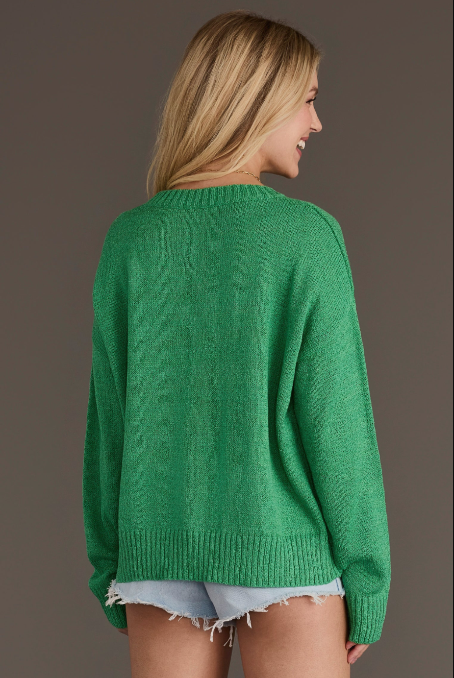 Back view of the green Howdy lightweight sweater