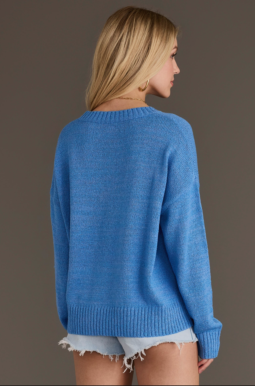 Back view of the blue Howdy lightweight sweater