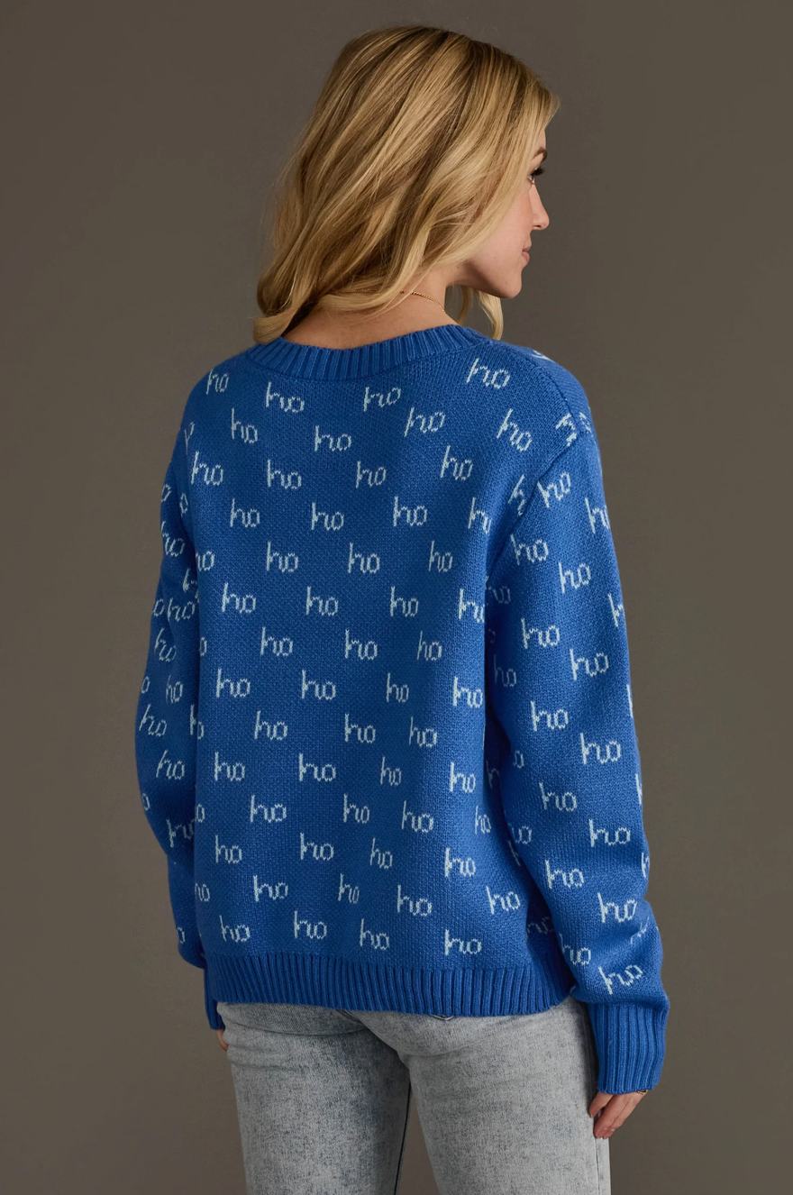 Back view of the blue ho ho ho pattern sweater