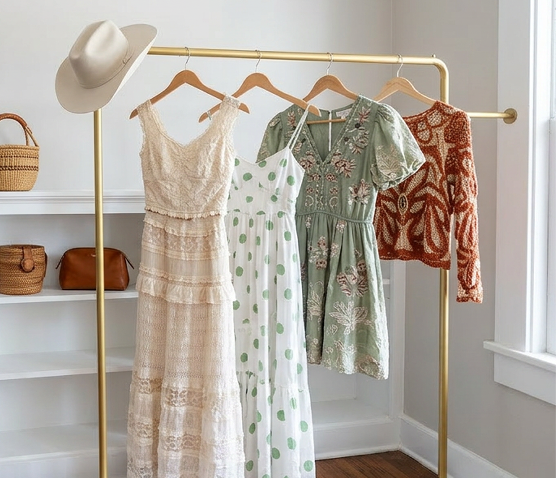Gold clothing rack with dresses and a hat in the boutique.