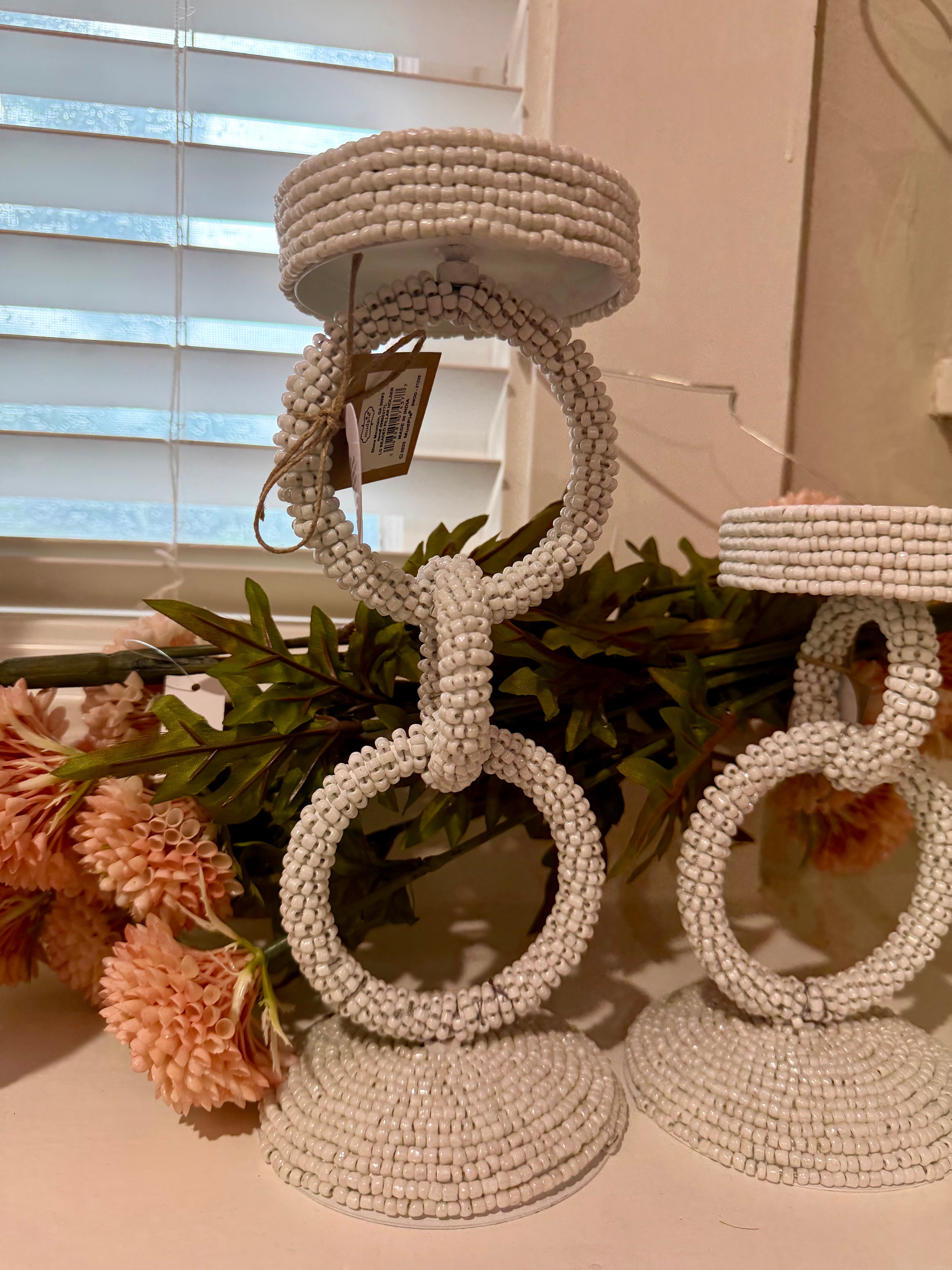 10" White Beaded Candle Holder•Tall Ring Pedestal