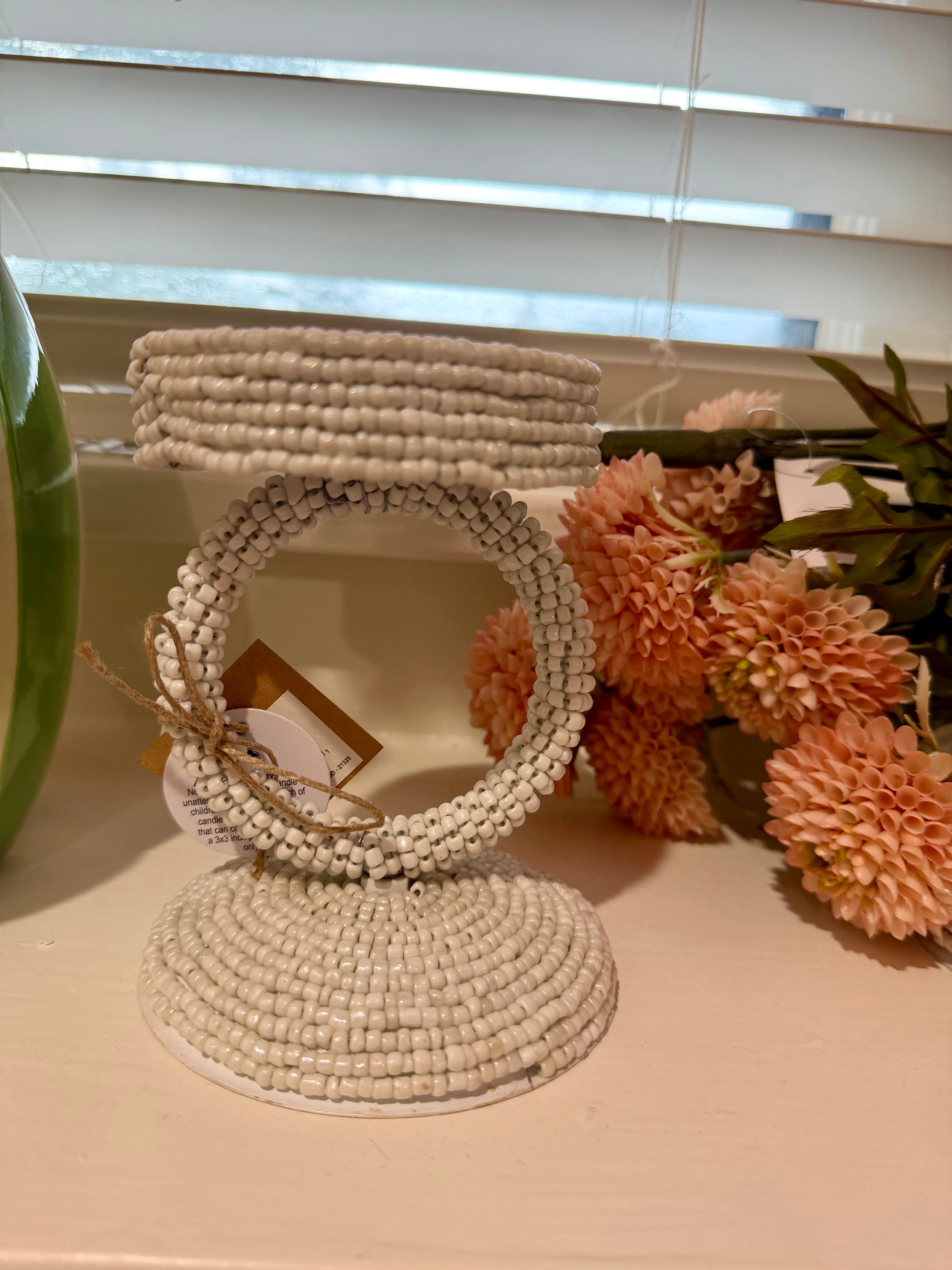 4" White Beaded Candle Holder•Single Ring Pedestal