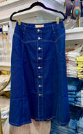 Dark Wash Denim Flared Midi Skirt - button-front detail on hanger